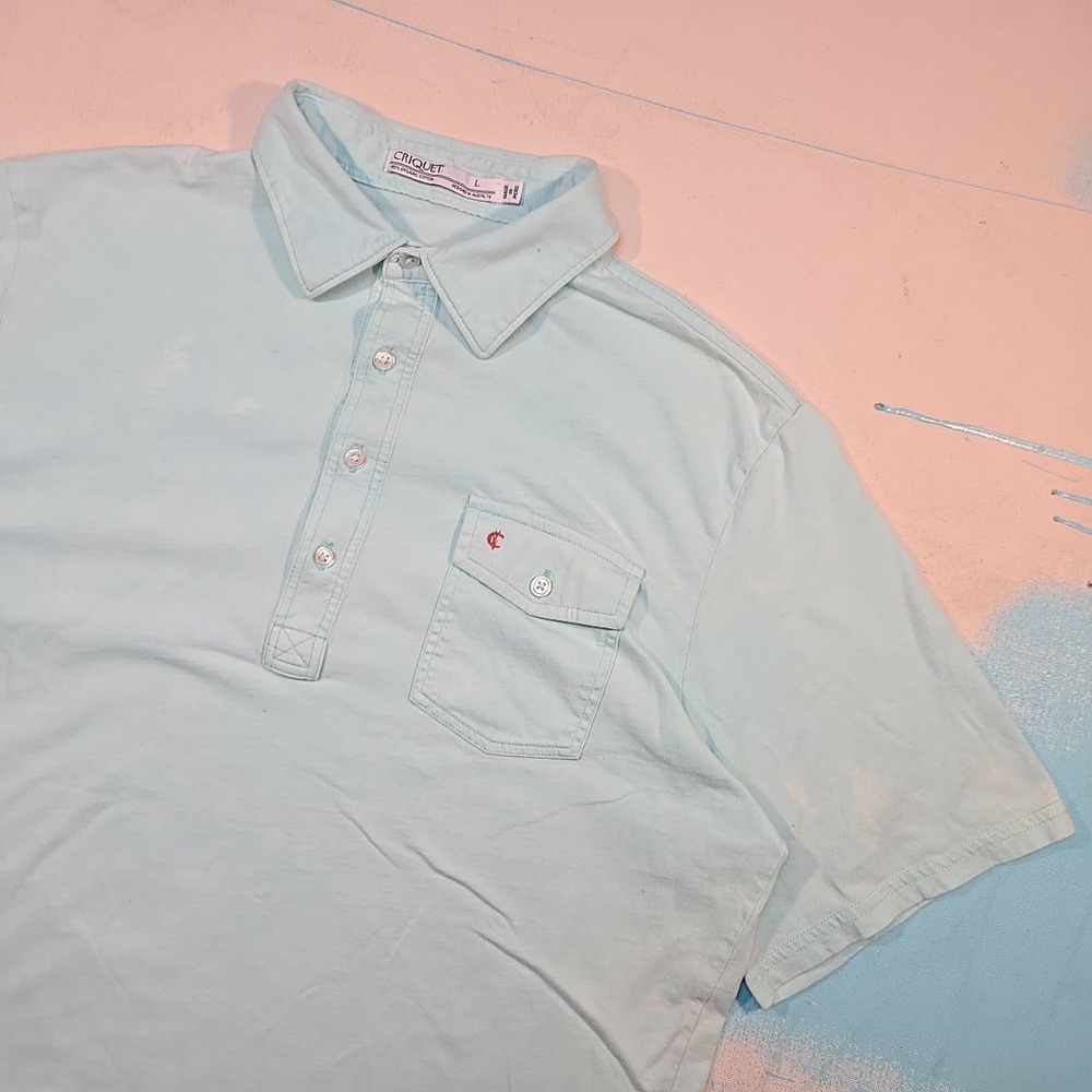 Criquet Mens L Polo Organic‎ Cotton Austin Aqua Pocket TX Bleach Dye 24x29" ATX
